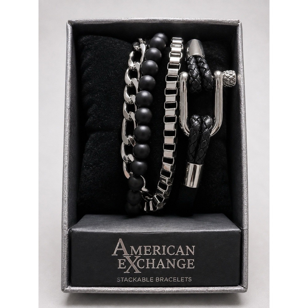 E0069-American Exchange Men's 4pc Stackable Bracelet Set Black Silver Tone New